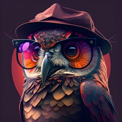 owl wearing sunglasses and a hat 5 Beautiful Vector Art Design4 designed in illustrator curvilinear vector polygons intricate detailing 16 themedcolors awardwinning 2d design flat design 