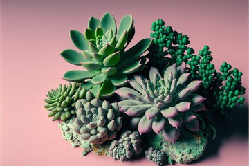  a group of succulents on a pink background with a pink background and a green plant on the left side of the picture.  generative ai
