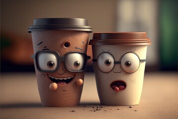  two coffee cups with faces drawn on them, one with glasses and the other with a nose and eyes, both with googly eyes.  generative ai - obrazy, fototapety, plakaty