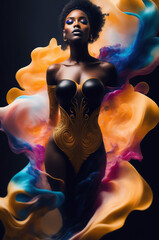 Generative AI multi-colored painting of beautiful African woman in sexy bodysuit on abstract colorful wavy background. Beauty and fashion concept	