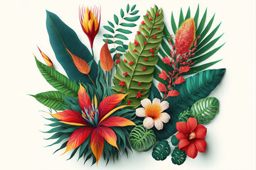 Fototapeta na wymiar a bunch of tropical flowers and leaves on a white background with a green border around it and a red flower on the bottom right corner. generative ai