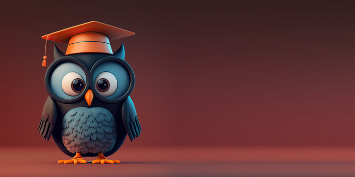 Cute Cartoon Owl with Graduation Cap Banner with Space for Copy (Generative AI)