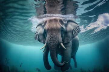  an elephant swimming in the water with its trunk under the water's surface and its head above the water surface, with a sky and clouds in the background.  generative ai