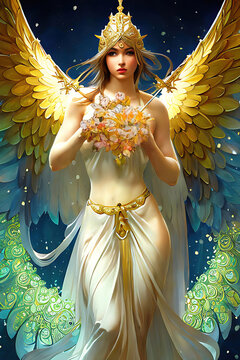 Fototapeta Angel with wings and gold ornaments, beautiful woman as and angelic realistic 3d illustration. Generative AI.