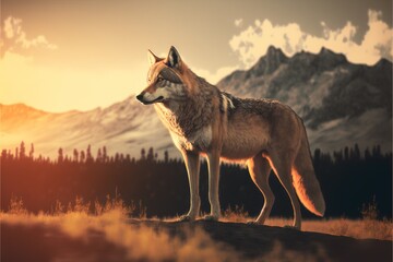  a digital painting of a wolf standing in a field with mountains in the background and a sunset in the sky behind it, with a few clouds in the foreground.  generative ai