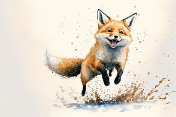 Cute fox running and jumping watercolor, Generative AI