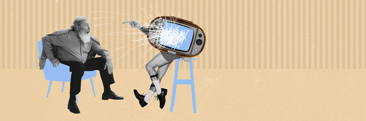 Contemporary art collage. Creative design. Senior man emotionally watching retro TV standing on...