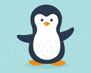 Cute penguin on a blue background. Design element. Antarctic bird, animal illustration. Vector illustration