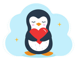 Cute penguin with a heart. Penguin in love. For romantic prints, valentine day cards. Good for posters, t shirts, postcards. Vector illustration