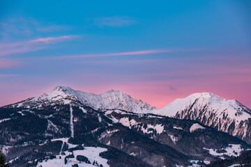 Sunset above the city of Ehrwald (Tyrol, Austria) during winter