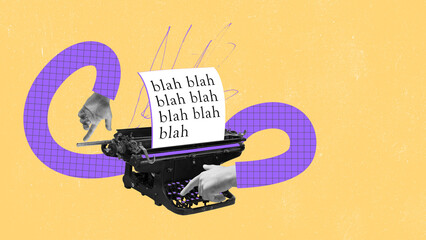 Blah blah blah. Contemporary art collage. Creative design. Human hands sticking out vintage typewriter and making news. Concept of surrealism, creativity, retro style, imagination, social media