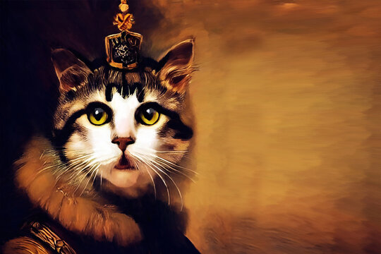cute cat king in royal suit portrait isolated on solid background in style of an old classic realistic painting - new quality creative funny furry stock image design
