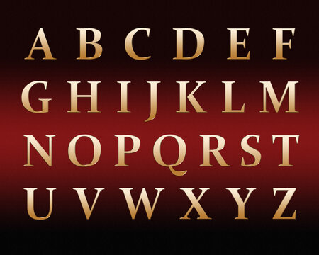 Golden english alphabet on a red background.