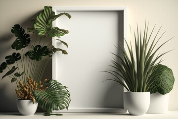 White empty frame with plants copy space. Generative AI