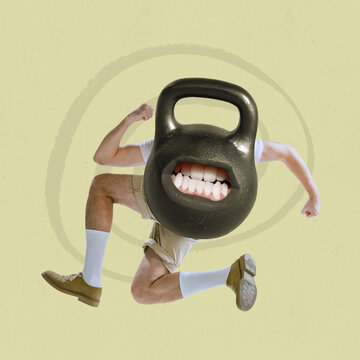Contemporary art collage. Creative design. Strength. Sports kettlebell jumping on male legs. Motivation. Concept of surrealism, creativity, retro style, imagination, fitness and sport