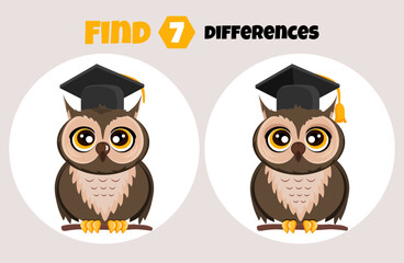 Find 7 differences between owls. Children's riddle and puzzle. Education. The development of mindfulness. Vector stock illustration. isolated. A cute animal sits on a branch. Beige background