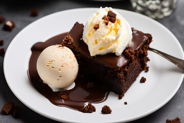 Stack of brownie squares with scoop of ice cream and caramel, white background.