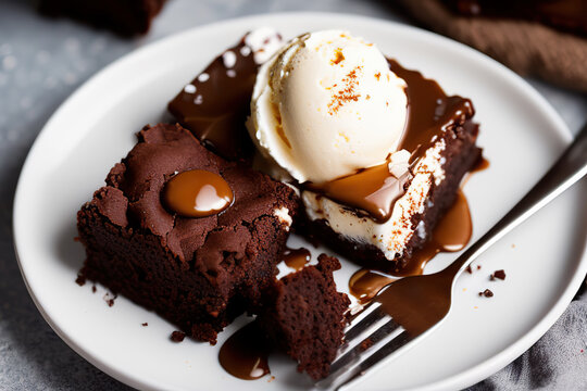 Stack of brownie squares with scoop of ice cream and caramel