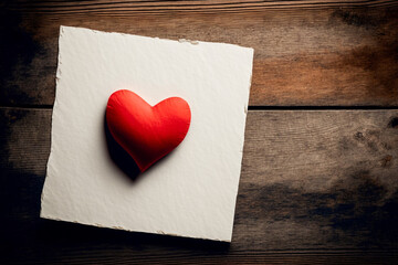 Blank paper with red heart on wood background