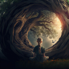 girl sitting under a big green tree. Generative AI