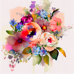 Bouquet of beautiful spring flowers on a white background, watercolor painting Generative AI