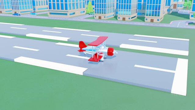 A stylized 3D cartoon biplane takes off from the runway and flies against the backdrop of a city with moving cars. 3d render