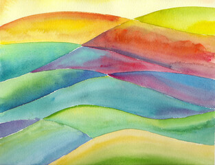 Abstract colored watercolor drawing resembling a mountain landscape.