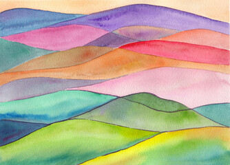 Abstract colored watercolor drawing resembling a mountain landscape.