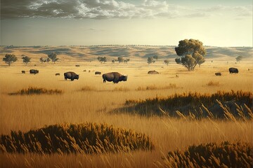 A peaceful prairie scene with swaying grasses and a distant herd of bison generative ai