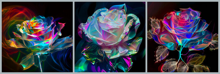 A set of three images of an iridescent crystal rose on a black background Generative AI