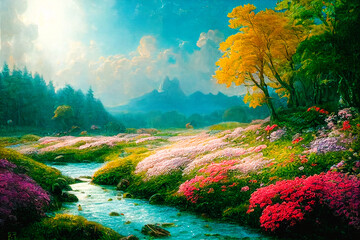 Impressionist landscape with a flowing river, banks in flowers, with mountains and a forest in the background on a sunny day Generative AI