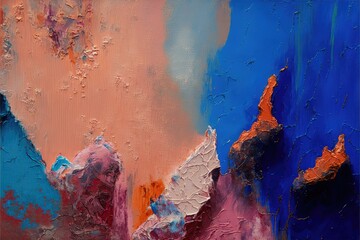 An abstract oil painting with a textured blend of terracotta, blue, orange, and pink hues generative ai
