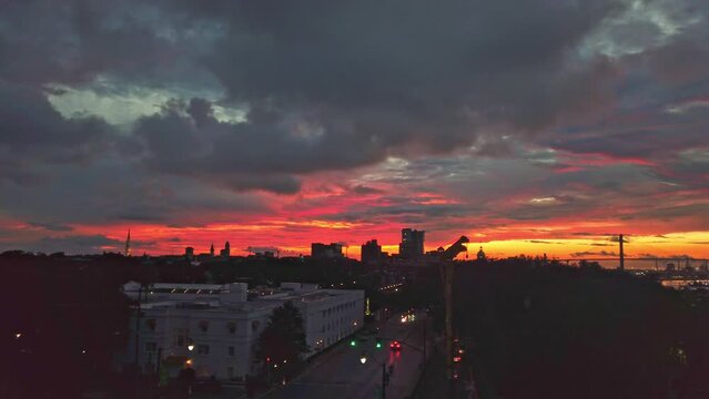 Panaroma Of Rooftop Sunset Bright Orange sky