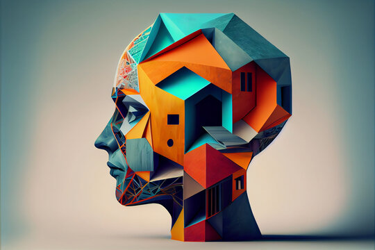 Beautiful abstract surreal geometric head of a home concept, contemporary colors and mood social background.