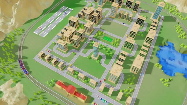 animated 3D city city with driving cars, train and planes. 3d render