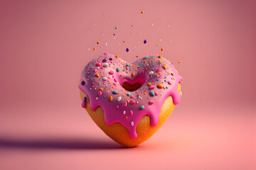 Donut Heart with pink background, Valentine Love Food, Illustration generativ ai