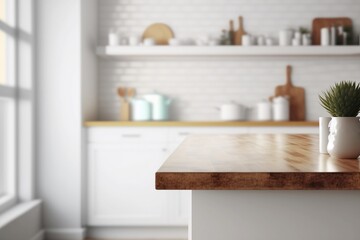 Kitchen tabletop over blurred background of minimal white kitchen room