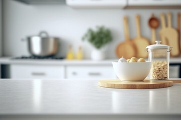 Fototapeta na wymiar Kitchen tabletop over blurred background of minimal white kitchen room