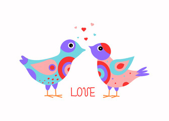 Bright multicolored cartoon with hearts.   Hand drawn text. Love. Vector illustration .