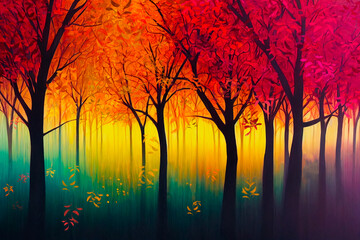Autumn forest at sunset in the style of impressionism Generative AI