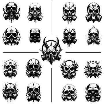 Set of black skulls wearing gas mask on transparent background. Design element for clothing, logo, poster, label, sign