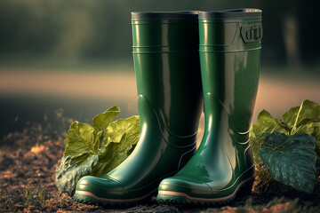 Fototapeta na wymiar A pair of shiny green rubber boots, in the vegetable garden - AI generative