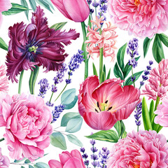 Beautiful seamless pattern with watercolor flowers peonies, tulips, lavender, flora wallpaper