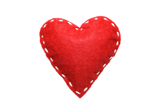 Red felt heart with white stitches. A symbol of love handmade sewn with thread around the edge isolated on a white background.	