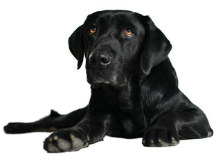 Black Labrador dog lying on floor and looking away with a deep look on a white background. Concept...
