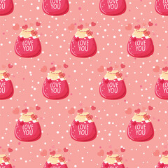 Vector romantic love background with love elixir with hearts and pink flowers. Happy Valentine's Day. Pink pastel design, pattern for website, print on fabric, postcards, bedding, children's clothing.
