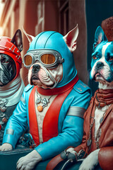 Fototapeta na wymiar Dogs biker gang, dressed in red and blue retro latex jumpsuits Generative AI 