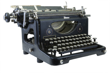 Ancient black typewriter isolated, transparent, png