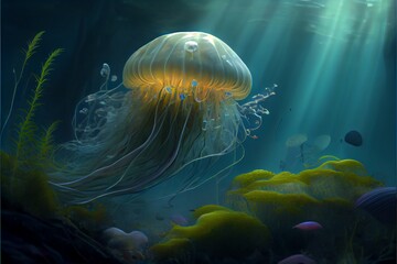 Realistic jellyfish and vegetation inhabit the underwater realm. Generative AI