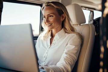 adult blonde woman with a smile has fun working on a laptop computer, sitting in an car